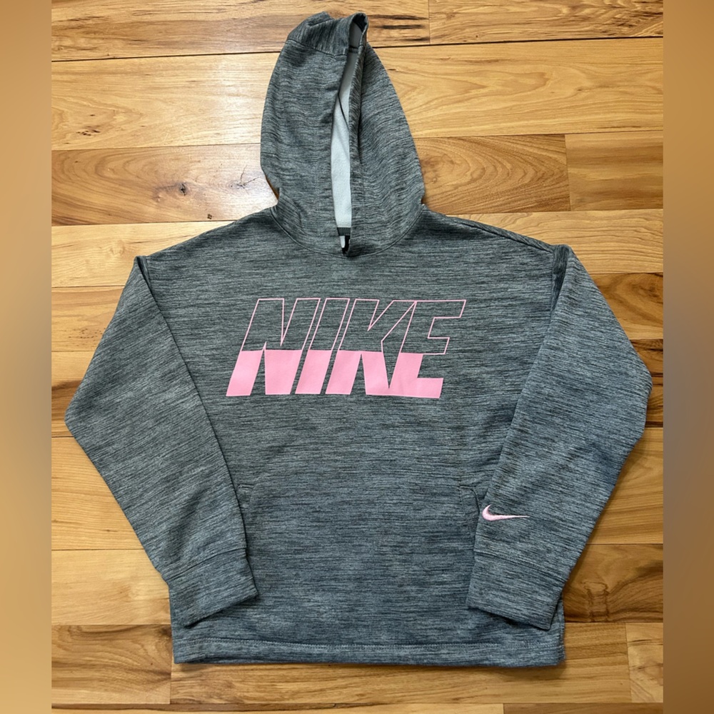 Nike Girls Dri Fit Loose Fit Gray and Pink Logo Hoodie Medium (E-12)